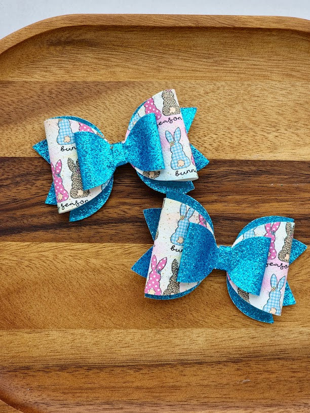 Blue Glitter Bunny Piggies Bow Set – Handmade Easter Pigtail Bows