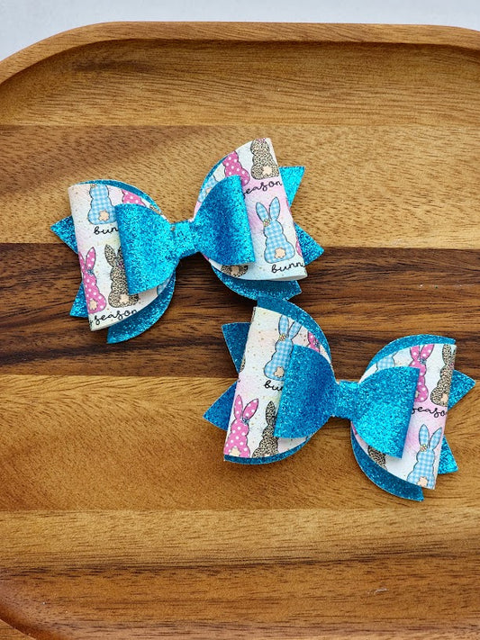 Blue Glitter Bunny Piggies Bow Set – Handmade Easter Pigtail Bows