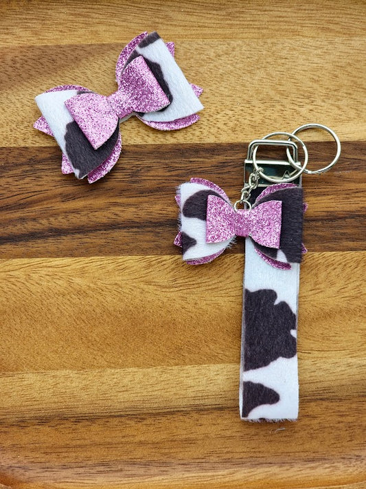 Cow Print Keychain & Straw Bow Set – Handmade Western-Inspired Accessories