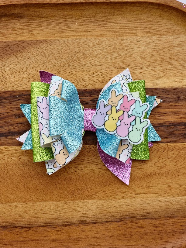 5-Inch Easter Bunny Cluster Hair Bow with Resin Accent – Handmade Spring Accessory