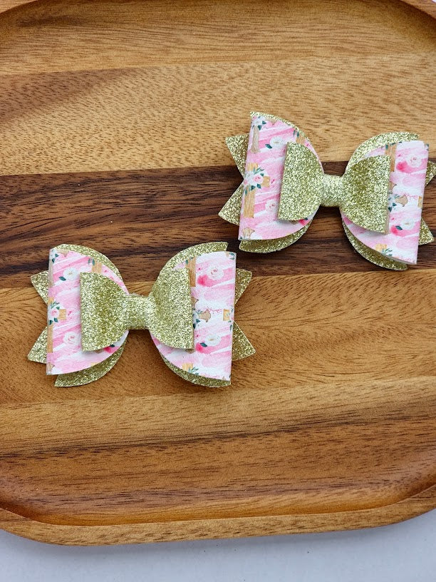 Pink & Gold Floral Piggies Bow Set – Handmade Pigtail Bows for Girls